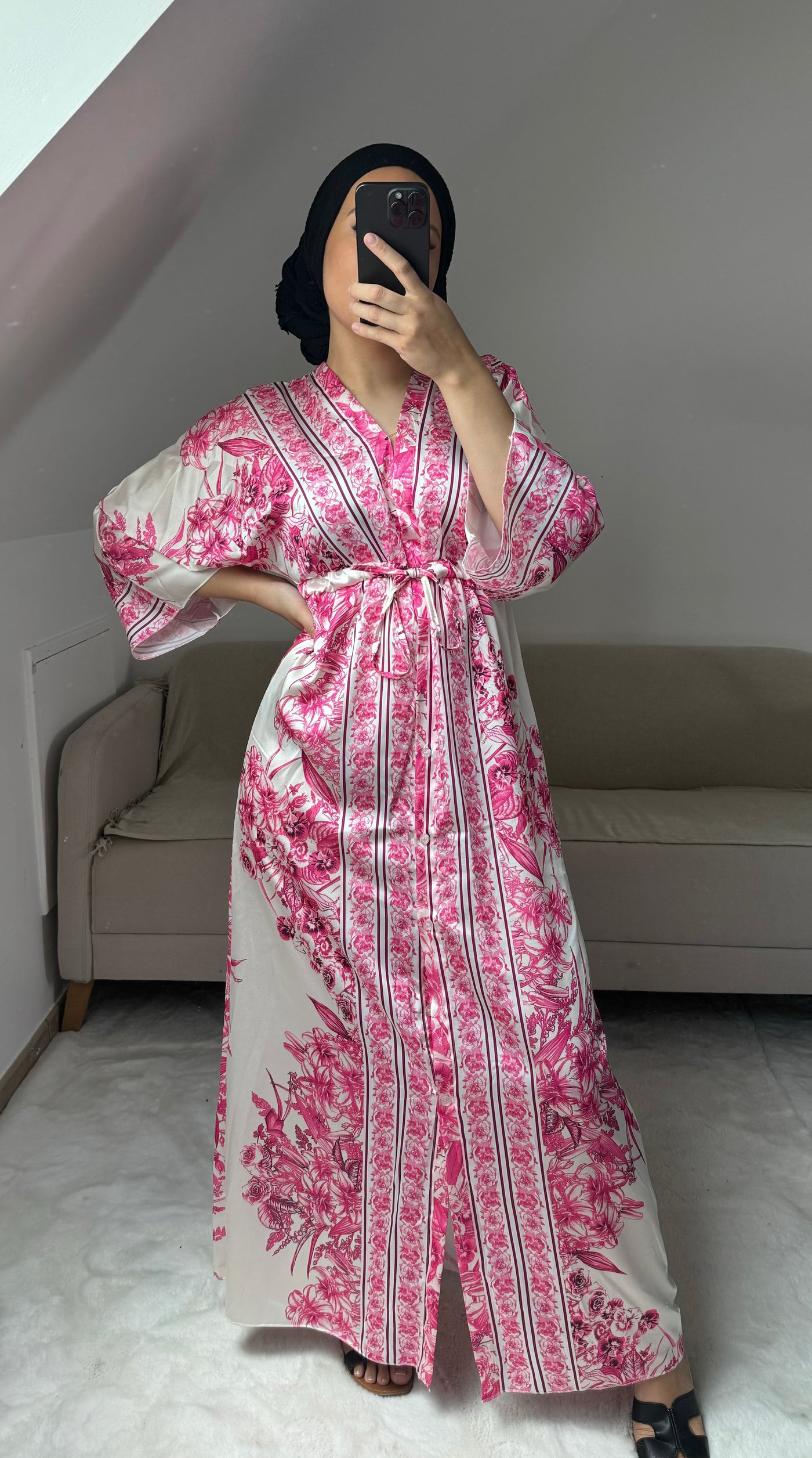 Robe kimono fleurie rose