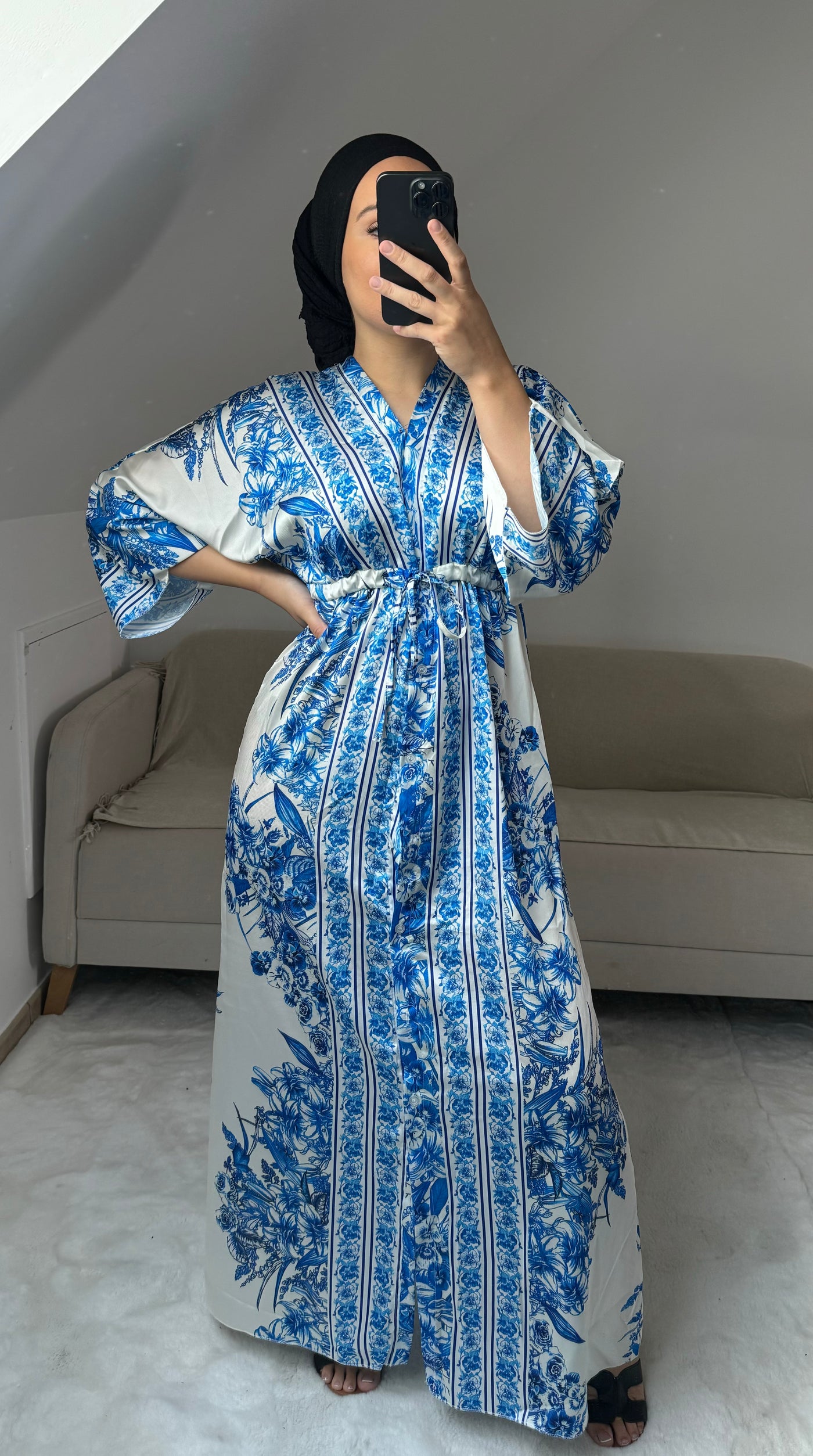 Robe kimono fleurie bleu